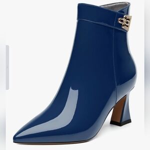 Women’s Ankle Boots Pointed Toe Mid Heel 2.5” Faux Leather Zipper Blue New